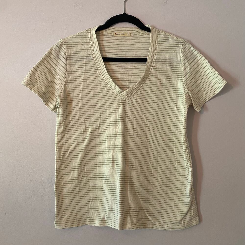 Marine Layer White Gray Stripe V-neck T-Shirt Cotton Minimalist Women's size XS